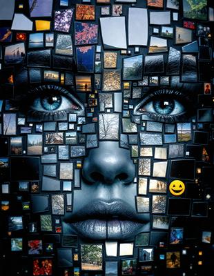 The primary subject of the image is a close-up of a person's face, with a focus on their eyes. The setting is a collage of various photos, creating a visually interesting and artistic composition. The visual style is a mix of digital art and illustration, as the face is made up of multiple images. The colors and mood of the image are vibrant and lively, with the collage of photos adding a sense of depth and complexity to the overall atmosphere.